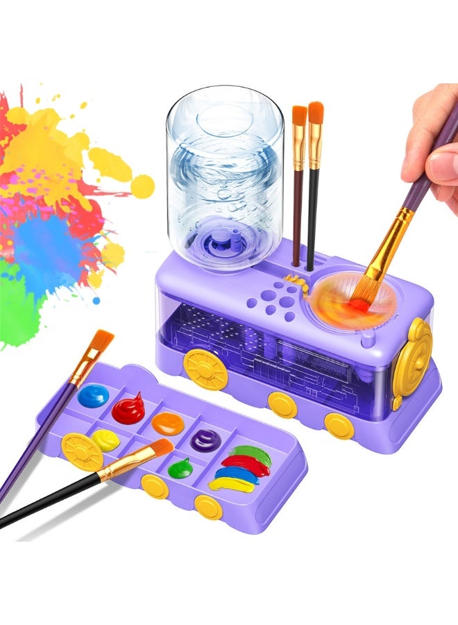 Kids Paint Brush Cleaner Machine | Train-Shaped Automatic Brush Washer with Water Circulation & Color Palette | Art Tool for Children, Artists & Classroom—Purple - Image 1