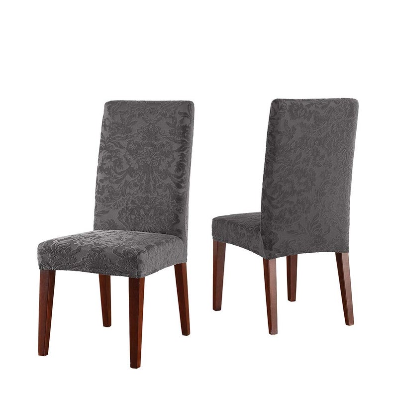 Surefit SureFit Home Dcor SF41452 Stretch Jacquard Damask Short Dining Chair Cover Form Fit PolyesterSpandex Machine Washable One Piece Gray Color 