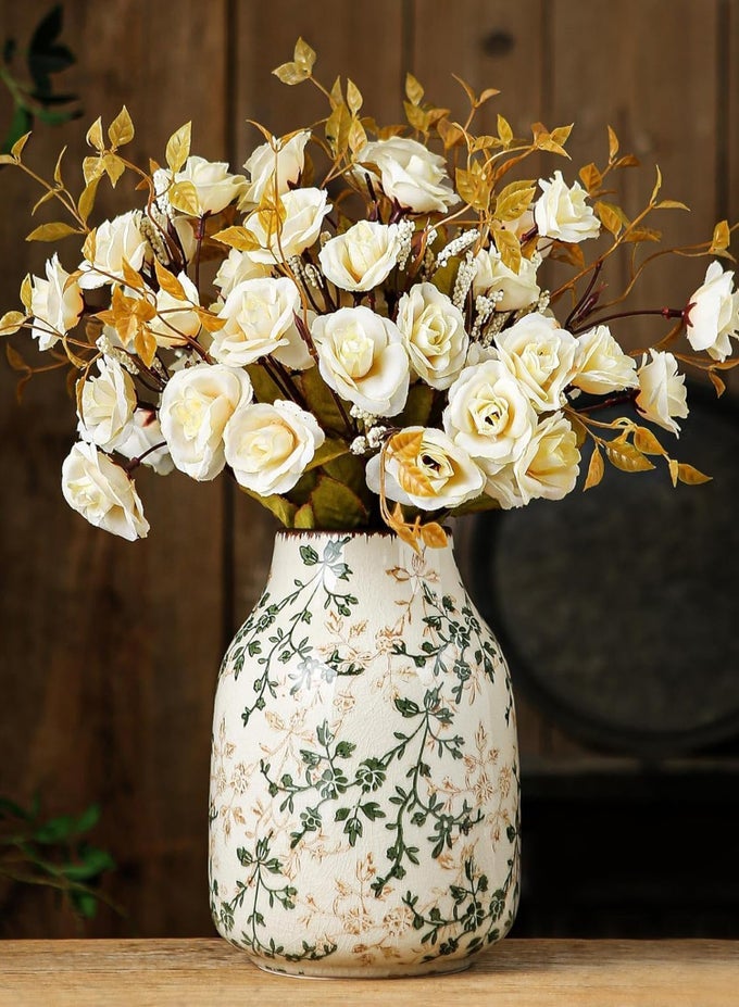CERAMIC VINTAGE VASE, CHINOISERIE FLORAL VASE, RUSTIC CERAMIC LARGE VASES FOR HOME DECORS, LIVING ROOM, BOOKSHELF, OFFICE, GRAND MILLENNIAL DECOR, CHINOISERIE DECORS, TUSCAN DECOR 7.8 INCH