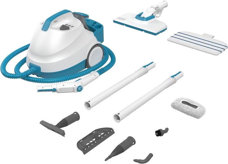 بلاك اند ديكر BLACK+DECKER منظف بخار مضغوط، 2000 واط، ضغط 4 بار، خزان 1.2 لتر، رأس دوار 180 درجة، يقتل 99.9% من الجراثيم، 8 ملحقات، لجميع الأرضيات المغلقة، صديق للبيئة، أبيض/أزرق - BHSMP2008-GB - Image 1