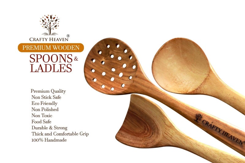 Crafty Heaven Wooden Spatula & Ladles | Neem Wood Utensils for Cooking | Lakadi ka Chamach | Non-Stick Cookware Safe | Wooden Cooking Spoon Set | Kitchen Tools | Made in India - Set of 6 - Image 5