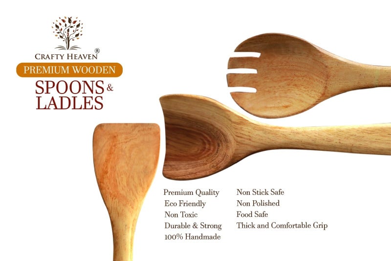Crafty Heaven Wooden Spatula & Ladles | Neem Wood Utensils for Cooking | Lakadi ka Chamach | Non-Stick Cookware Safe | Wooden Cooking Spoon Set | Kitchen Tools | Made in India - Set of 6 - Image 4