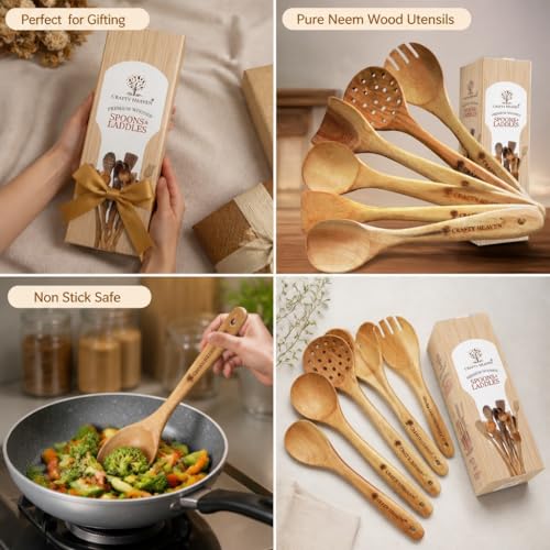 Crafty Heaven Wooden Spatula & Ladles | Neem Wood Utensils for Cooking | Lakadi ka Chamach | Non-Stick Cookware Safe | Wooden Cooking Spoon Set | Kitchen Tools | Made in India - Set of 6 - Image 3