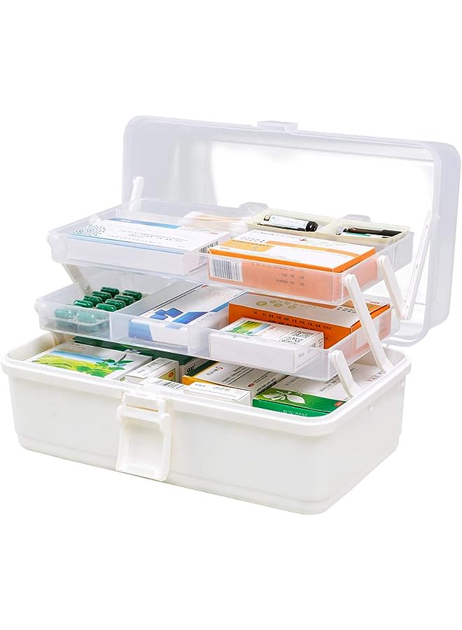 Raxoom 3-Tier Plastic Medicine Storage Box Multi-Functional Family Emergency Organizer Kit with Handle transparent cover for Medical Cosmetic (34 x 20 x 17cm, White)  - Image 1