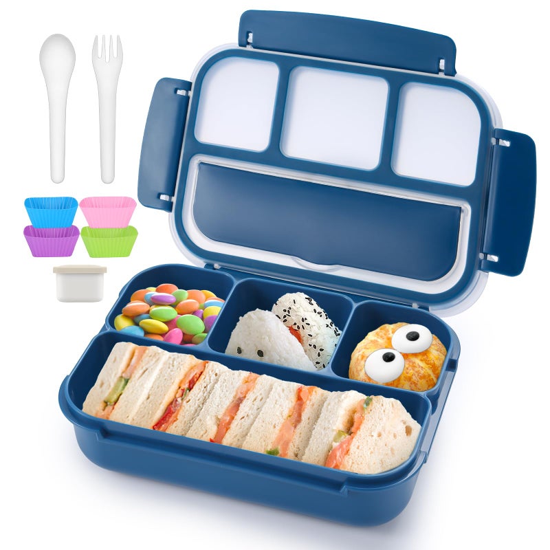 QQKO Bento Box Adult Lunch Box, Lunch Containers for Adults Men Women, Kids Lunch Boxes for School with 4 Compartments, Sauce Container, Utensils and Muffin Cups, Navy - Image 1