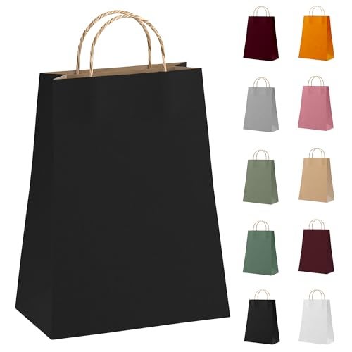 Amiff Black Kraft Paper Bags with Handles Bulk 8 x 475 x 105 Inch Pack of 25 Foldable Shopping Bag 150 GSM Kraft Paper Gift Bags with Handles Gift Gag Bulk for Wedding favors Valentines Day