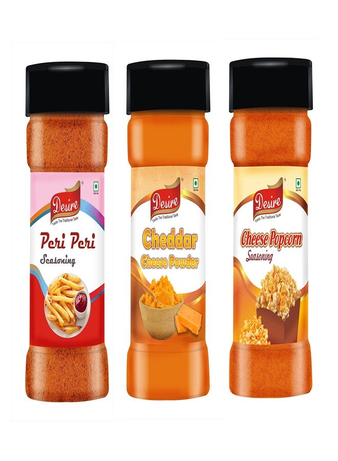 Desire Cheddar Cheese Powder, Cheese Popcorn Seasoning Powder, Peri Peri Masala (Seasoning Combo) 100g Each - Image 1