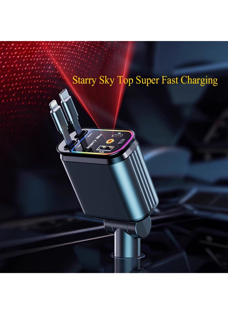 Car Charger - Fast Charging 4-in-1 Adapter with Collapsible Lightning & Type C Cables, Dual USB Ports & Voltage Display - Compatible with iPhone, iPad, Galaxy -Powerfull Output