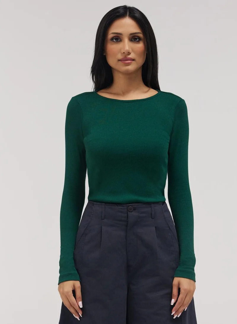 Zigzag Rib Long Sleeve Top - Dark Green