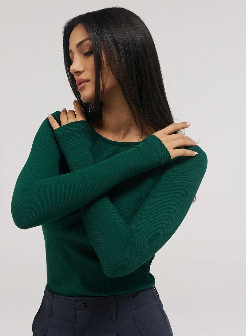 Zigzag Rib Long Sleeve Top - Dark Green
