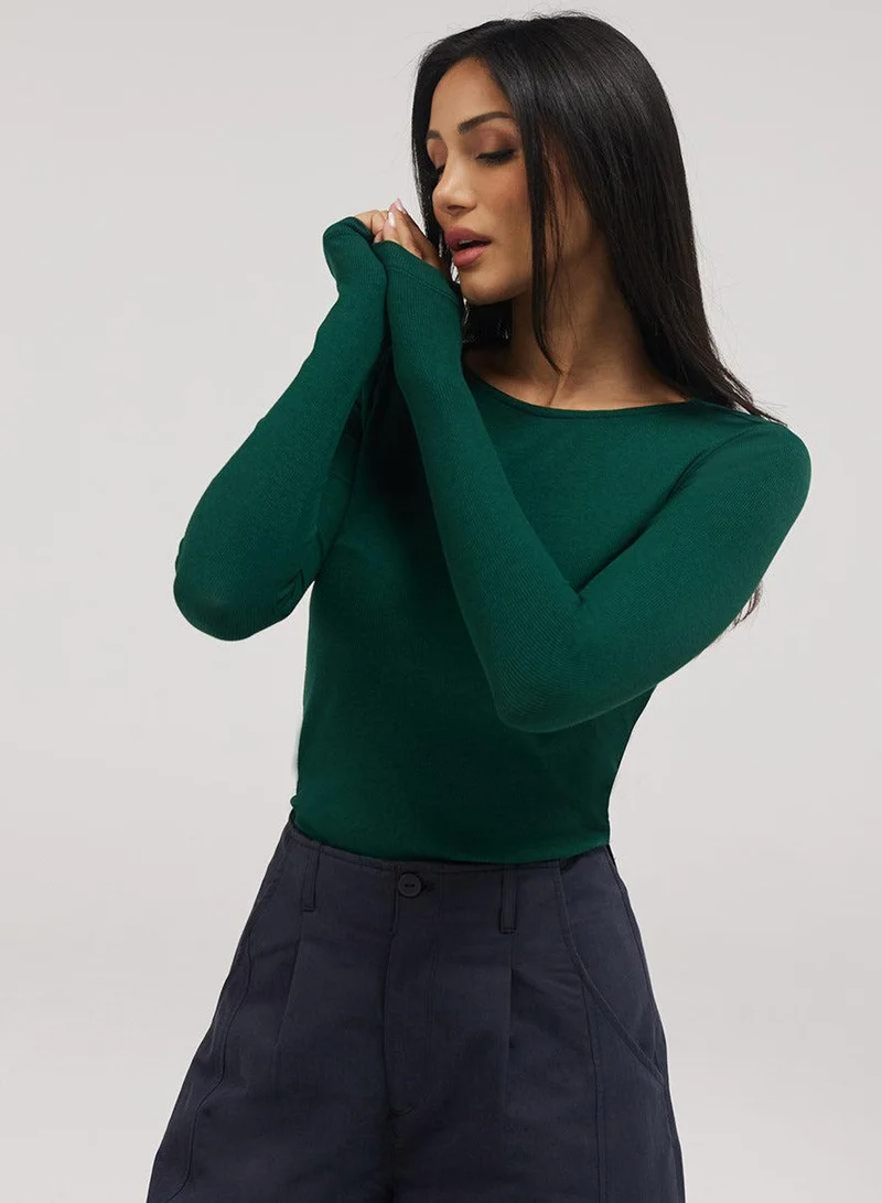 Zigzag Rib Long Sleeve Top - Dark Green