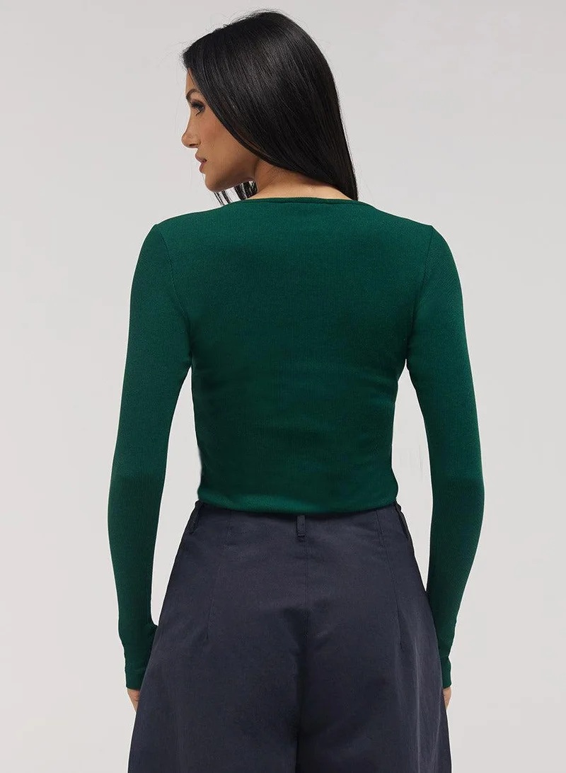 Zigzag Rib Long Sleeve Top - Dark Green