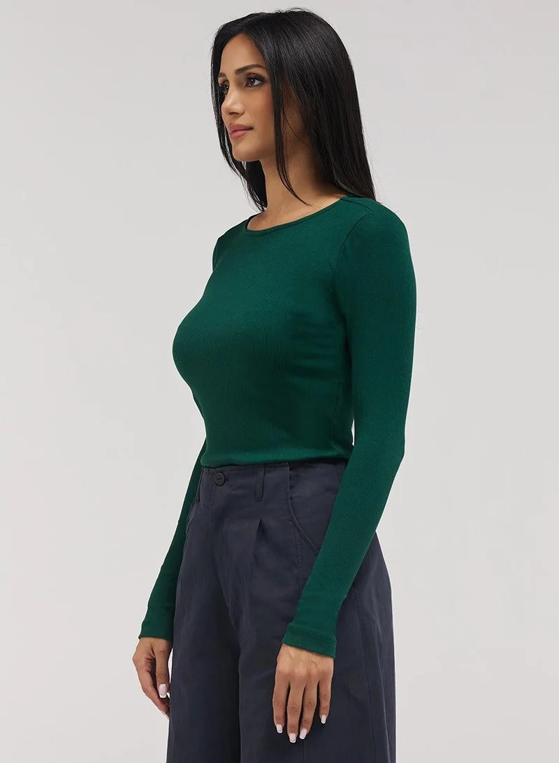 Zigzag Rib Long Sleeve Top - Dark Green