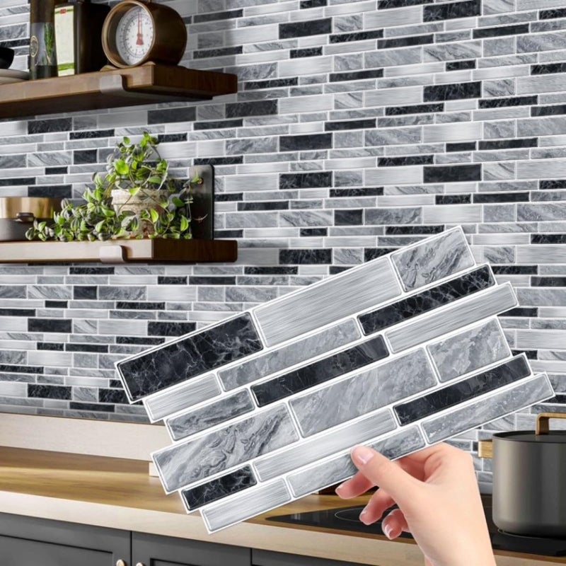 Heikki PeelandStick SelfAdhesive Wall Tiles 4797inch Kitchen Bathroom Splashback Tiles Marble Pattern Design 48Piece Set BlackGray - Image 2