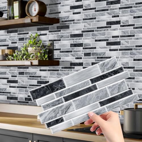 Heikki PeelandStick SelfAdhesive Wall Tiles 4797inch Kitchen Bathroom Splashback Tiles Marble Pattern Design 48Piece Set BlackGray - Image 1