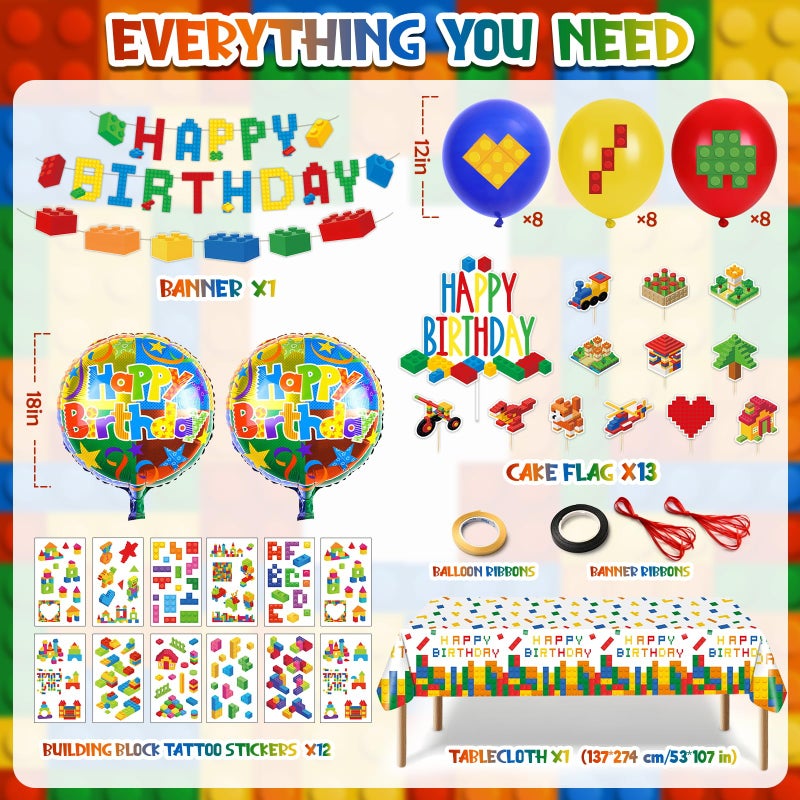 SNLN Building Block Birthday Party Decorations Supplies Kit - Balloons Tablecloth Banners Cake Toppers Foil Balloons Tattoo Stickers - Birthday Decorations for Kids Boys Girls Building-Themed Celebration - Image 2