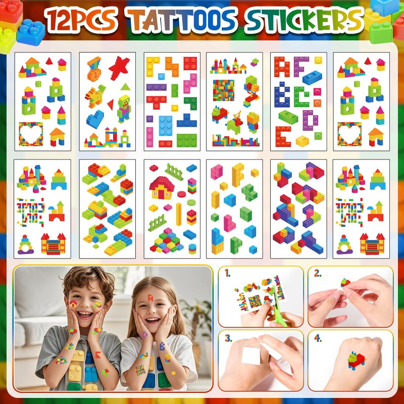 SNLN Building Block Birthday Party Decorations Supplies Kit - Balloons Tablecloth Banners Cake Toppers Foil Balloons Tattoo Stickers - Birthday Decorations for Kids Boys Girls Building-Themed Celebration - Image 5