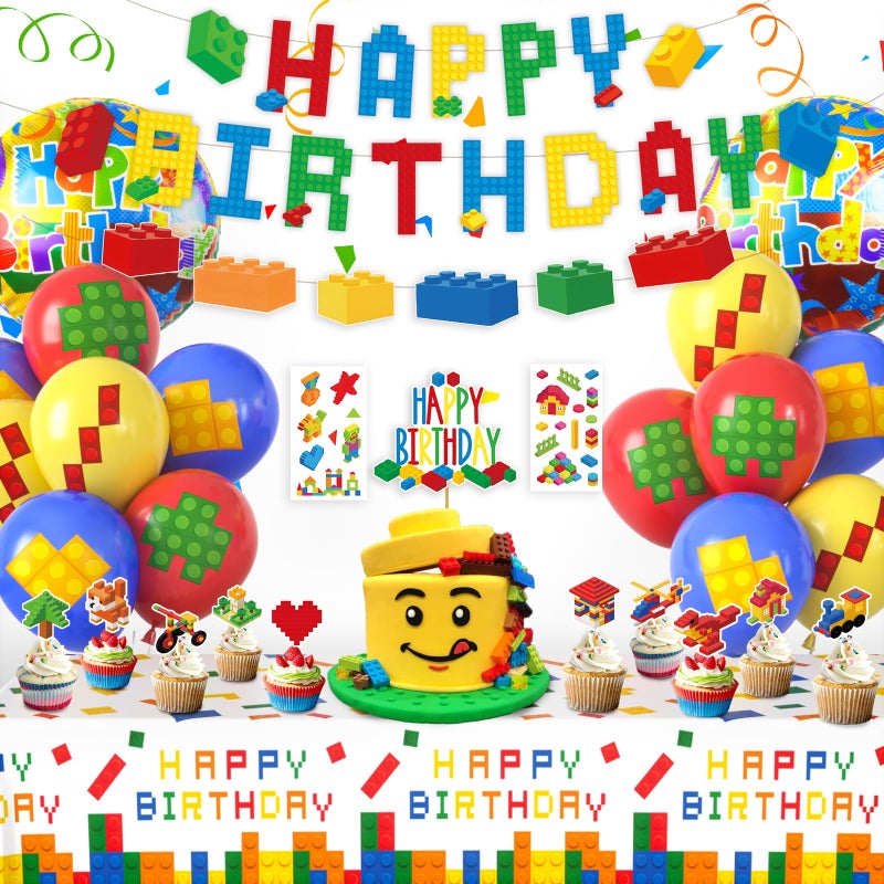SNLN Building Block Birthday Party Decorations Supplies Kit - Balloons Tablecloth Banners Cake Toppers Foil Balloons Tattoo Stickers - Birthday Decorations for Kids Boys Girls Building-Themed Celebration - Image 1