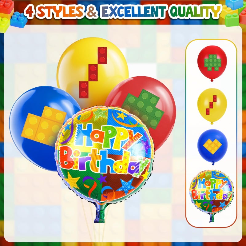 SNLN Building Block Birthday Party Decorations Supplies Kit - Balloons Tablecloth Banners Cake Toppers Foil Balloons Tattoo Stickers - Birthday Decorations for Kids Boys Girls Building-Themed Celebration - Image 3