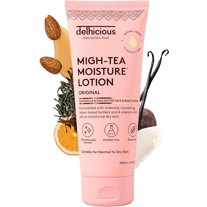 Delhicious Migh-Tea Moisture Face & Body Lotion for Dry Skin - Daily Hydrating Lotion with Shea Butter & Calendula - Nourishing Moisturiser for Soft, Smooth Skin - Vegan & Cruelty-Free, 200ml - Image 1