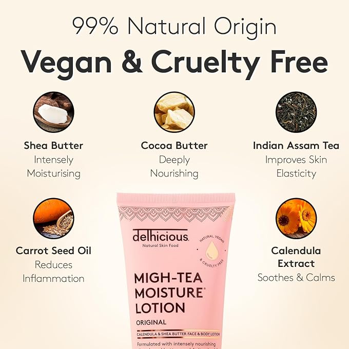 Delhicious Migh-Tea Moisture Face & Body Lotion for Dry Skin - Daily Hydrating Lotion with Shea Butter & Calendula - Nourishing Moisturiser for Soft, Smooth Skin - Vegan & Cruelty-Free, 200ml - Image 3
