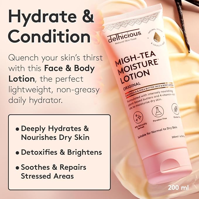 Delhicious Migh-Tea Moisture Face & Body Lotion for Dry Skin - Daily Hydrating Lotion with Shea Butter & Calendula - Nourishing Moisturiser for Soft, Smooth Skin - Vegan & Cruelty-Free, 200ml - Image 2