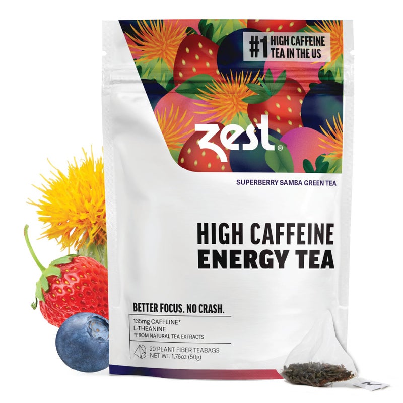 Zest Energy Green Tea - Superberry Samba - High Caffeine Strawberry, Acai, & Passion Fruit Tea - Caffeinated Coffee Altnernative with Antioxidants - Natural, Non-GMO & Keto - 20Ct Pack - 135mg Caf - Image 1