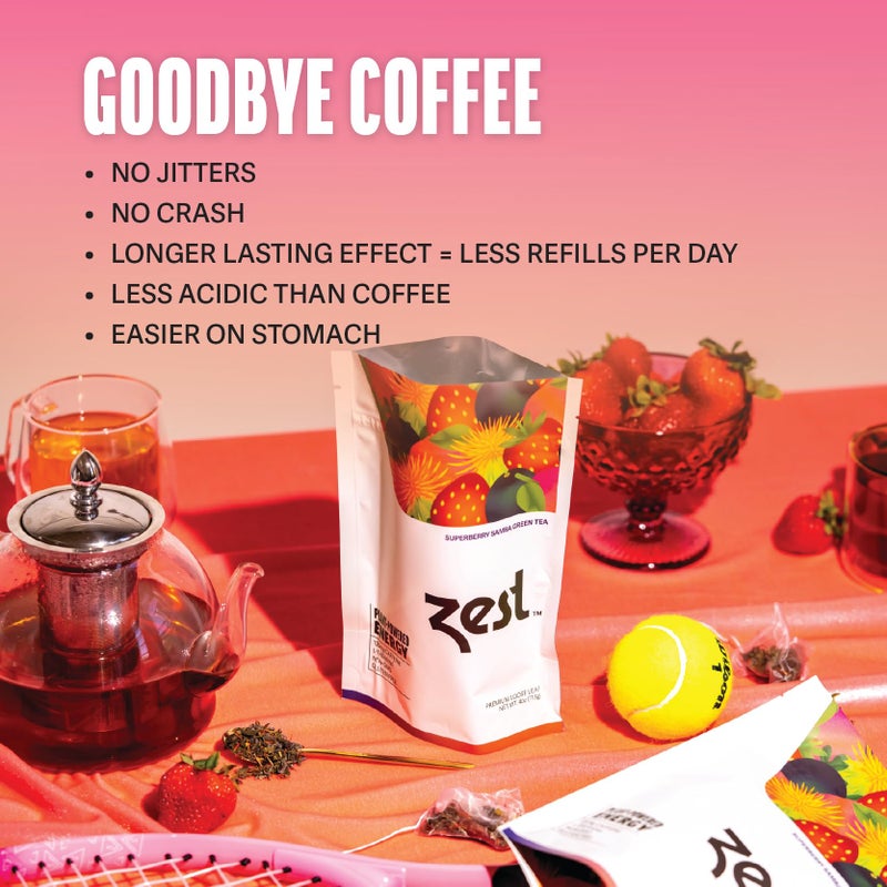 Zest Energy Green Tea - Superberry Samba - High Caffeine Strawberry, Acai, & Passion Fruit Tea - Caffeinated Coffee Altnernative with Antioxidants - Natural, Non-GMO & Keto - 20Ct Pack - 135mg Caf - Image 2