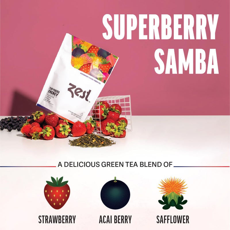 Zest Energy Green Tea - Superberry Samba - High Caffeine Strawberry, Acai, & Passion Fruit Tea - Caffeinated Coffee Altnernative with Antioxidants - Natural, Non-GMO & Keto - 20Ct Pack - 135mg Caf - Image 5