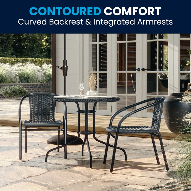 Flash Furniture 3-Piece Patio Dining Set with Round Glass Metal Table and 2 Stackable Rattan Chairs, Indoor/Outdoor Bistro Table and Chairs Set, Gray - Image 3