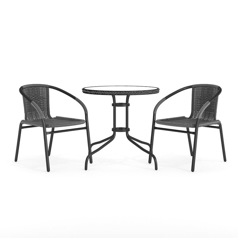 Flash Furniture 3-Piece Patio Dining Set with Round Glass Metal Table and 2 Stackable Rattan Chairs, Indoor/Outdoor Bistro Table and Chairs Set, Gray - Image 1