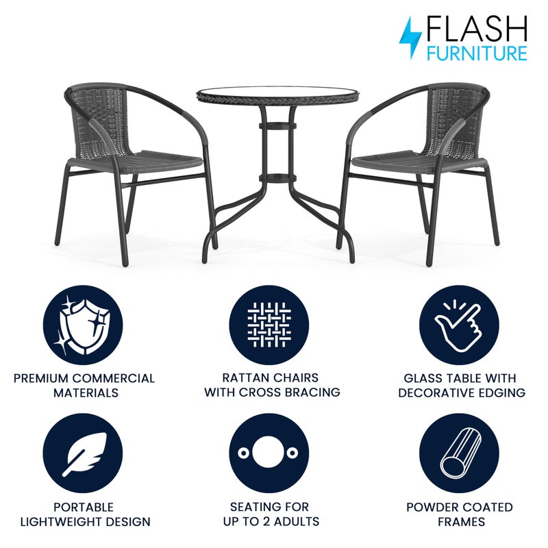 Flash Furniture 3-Piece Patio Dining Set with Round Glass Metal Table and 2 Stackable Rattan Chairs, Indoor/Outdoor Bistro Table and Chairs Set, Gray - Image 2