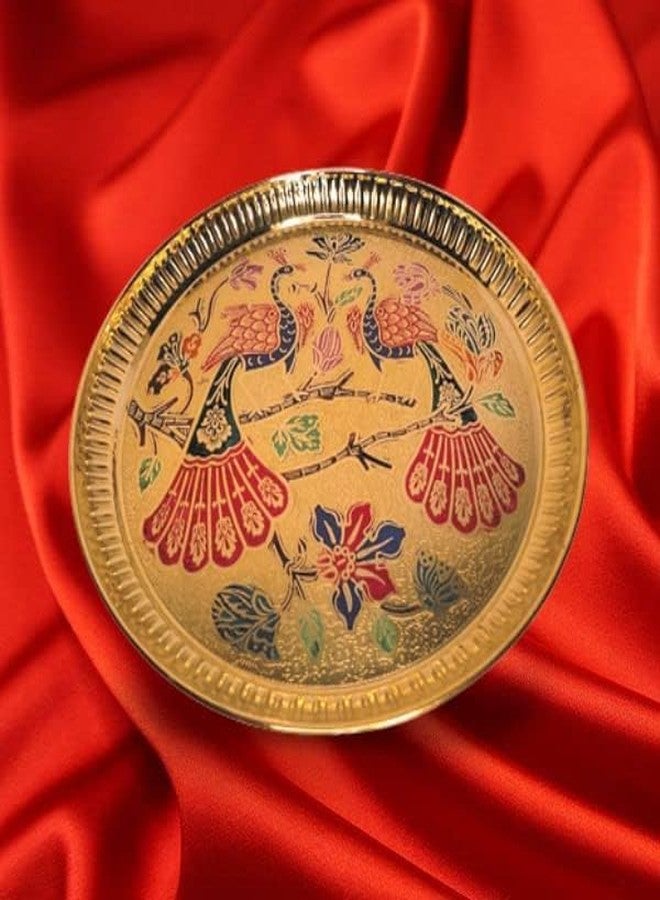 Aditri Creation Decorative Peacock Brass Thali Plate Brass Thali Prasad Plate for Pooja Utensils Indian Traditional Festival Housewarming Decorations and Home Decor(Size:- 5")(Golden) - Image 2