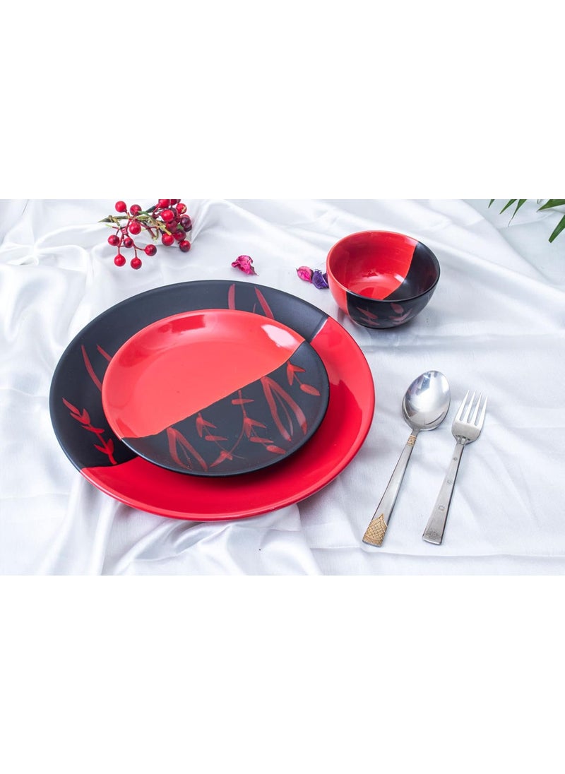 Caffeine Caffeine Ceramic Handmade Red & Black Combo Dinner Set 9 pcs.(4 Dinner Plate, 4 Katori Bowl, 1 Serving Bowl)  - Image 2