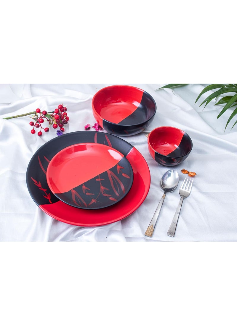 Caffeine Caffeine Ceramic Handmade Red & Black Combo Dinner Set 9 pcs.(4 Dinner Plate, 4 Katori Bowl, 1 Serving Bowl)  - Image 1