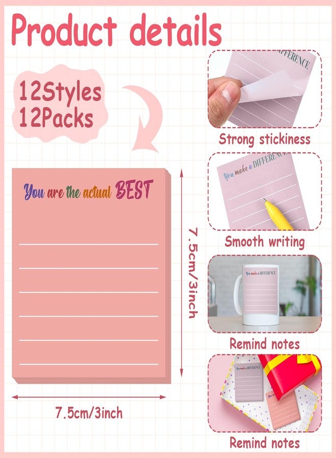 Yinder 12 Pcs Employee Appreciation Sticky Notes Xmas Gift Bulk Motivation Note Pads Mini Inspirational Note Gift for Teacher Nurse Staff Coworker Office Supply 3 x 3'' (Appreciation,Aesthetics) - Image 2