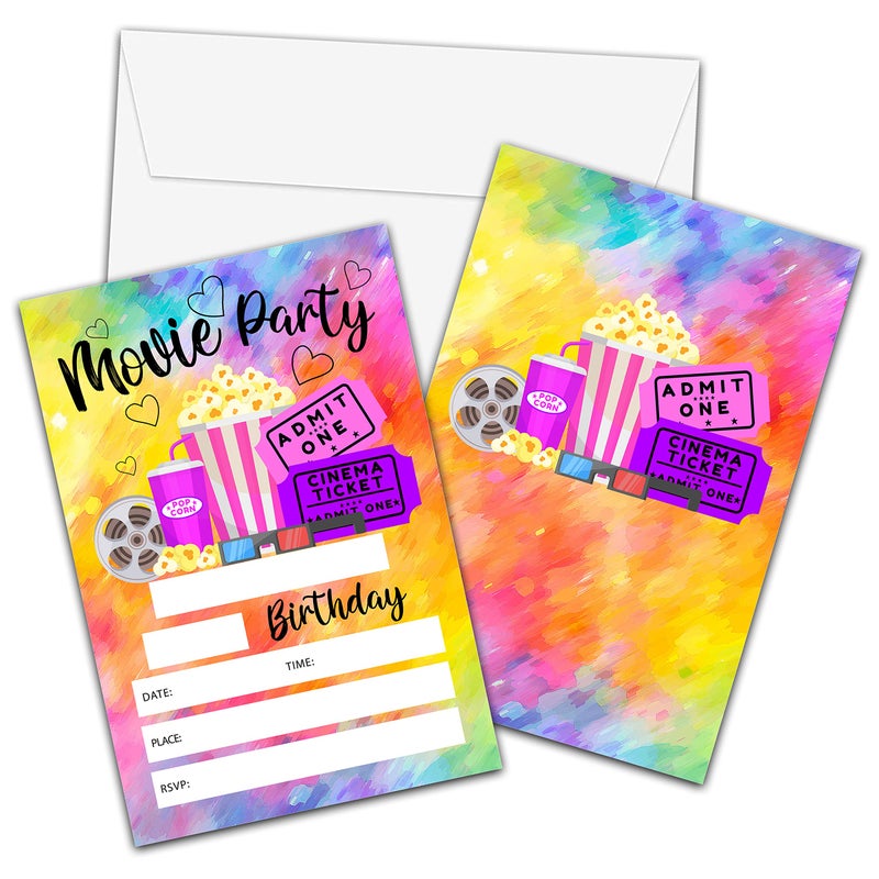 Foosproea Movie Birthday Invitations with Envelopes Tie Dye Birthday Party Invitation Card for GirlsBoys Backyard Movie Night Fillin Invites Cards Sleepover Party Celebration 20 Pack13