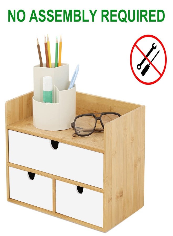 Wisuce Desk Organizer with Drawers - Bamboo Desktop Organizer Storage | Natural-White Wood Desk Drawers Organizer for Bills, Office Supplies, Cosmetics, Seals No Assembly Required - Image 2