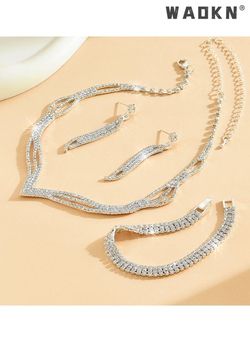 دبليو أيه أو كي أن طقم أقراط وقلادة من 3 قطع مرصعة بأحجار الراين وسلسلة على شكل حرف V وقلادة متدلية من الأذن وإكسسوارات فستان سهرة للحبيبة والزوجة والأم ووصيفات العروس وإكسسوارات حفلات الزفاف - Image 5