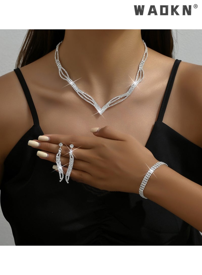 دبليو أيه أو كي أن طقم أقراط وقلادة من 3 قطع مرصعة بأحجار الراين وسلسلة على شكل حرف V وقلادة متدلية من الأذن وإكسسوارات فستان سهرة للحبيبة والزوجة والأم ووصيفات العروس وإكسسوارات حفلات الزفاف - Image 2