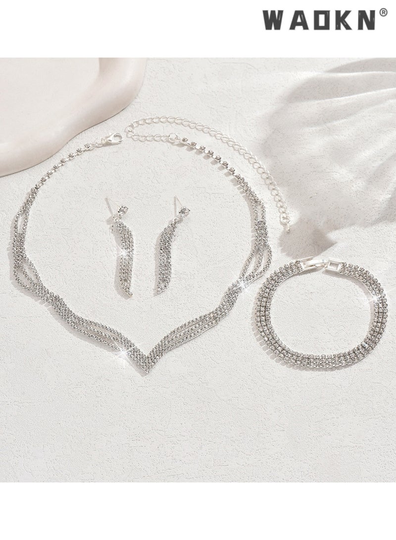 دبليو أيه أو كي أن طقم أقراط وقلادة من 3 قطع مرصعة بأحجار الراين وسلسلة على شكل حرف V وقلادة متدلية من الأذن وإكسسوارات فستان سهرة للحبيبة والزوجة والأم ووصيفات العروس وإكسسوارات حفلات الزفاف - Image 3