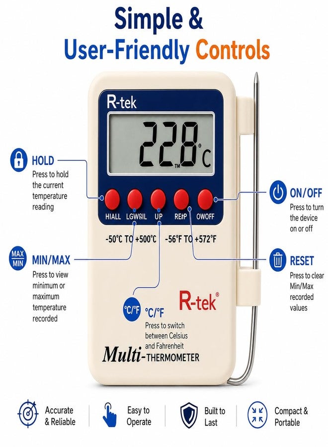 R-TEK مقياس حرارة رقمي متعدد الأغراض متعدد السيقان من R-TEK® مع مسبار استشعار خارجي (أحواض السمك، الثلاجات، الآلات) - Image 4