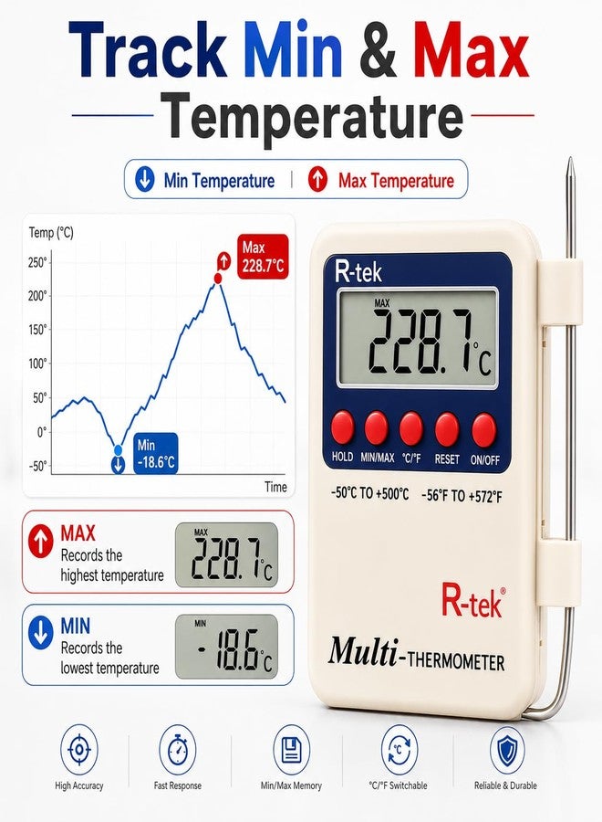 R-TEK مقياس حرارة رقمي متعدد الأغراض متعدد السيقان من R-TEK® مع مسبار استشعار خارجي (أحواض السمك، الثلاجات، الآلات) - Image 3