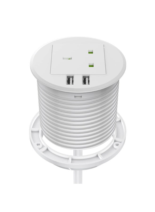 Desk Socket, Desktop Power USB Grommet 80mm Cut-Out Hole In Desk Power with 1 UK Plug, Power Socket Connect 6.56ft Extension Cord (White) - Image 1