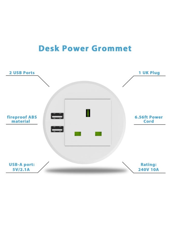 Desk Socket, Desktop Power USB Grommet 80mm Cut-Out Hole In Desk Power with 1 UK Plug, Power Socket Connect 6.56ft Extension Cord (White) - Image 2