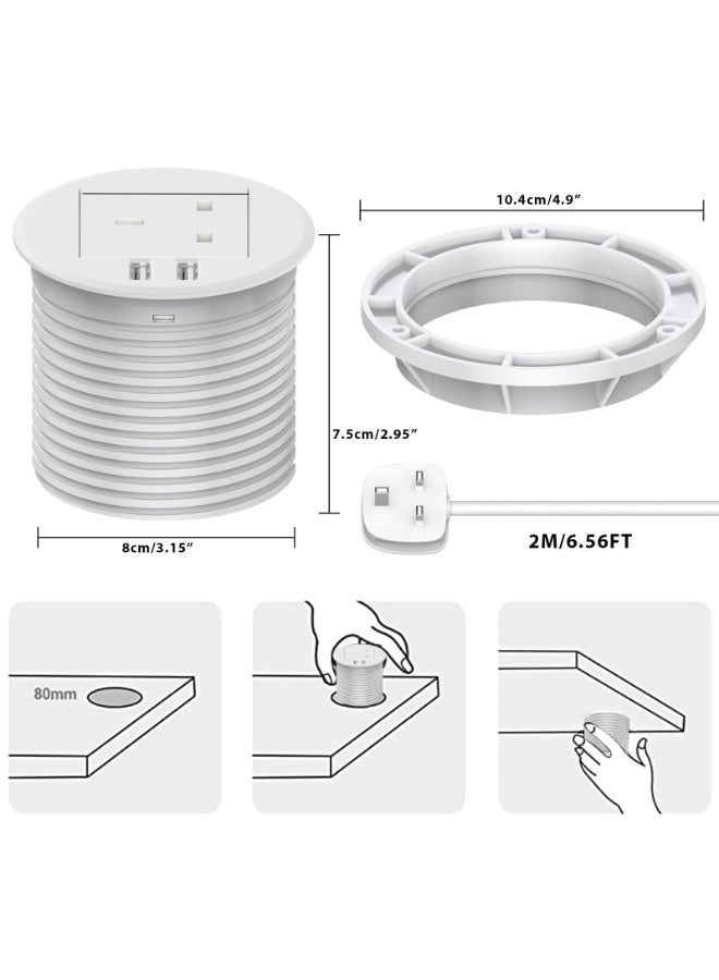 Desk Socket, Desktop Power USB Grommet 80mm Cut-Out Hole In Desk Power with 1 UK Plug, Power Socket Connect 6.56ft Extension Cord (White) - Image 3