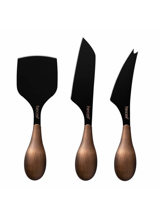 hecef Cheese Knife Set of 3, Bronze Grain Multipurpose Cheese Knife, Retro Cheese Knife, Set Includes Pronged Knife, Hard Cheese Knife & Chisel Knife, Black, Excellent Gift, with Gift Box - Image 1