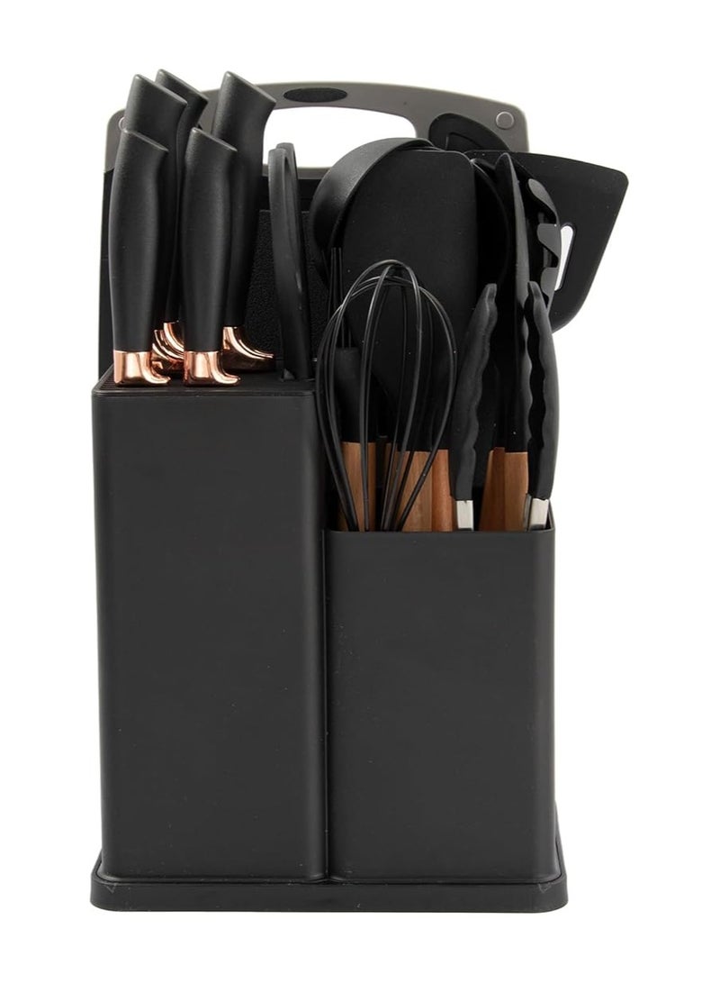 طقم سكاكين و توزيع مطبخ سيليكون بيد خشب مقاوم للحرارة مانع الالتصاق مكون من 18قطعة مع بلانشة اللون اسود - Image 1