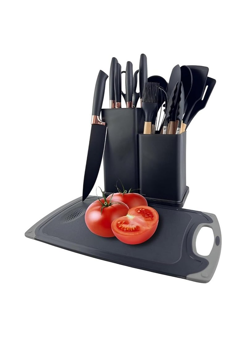 طقم سكاكين و توزيع مطبخ سيليكون بيد خشب مقاوم للحرارة مانع الالتصاق مكون من 18قطعة مع بلانشة اللون اسود - Image 2