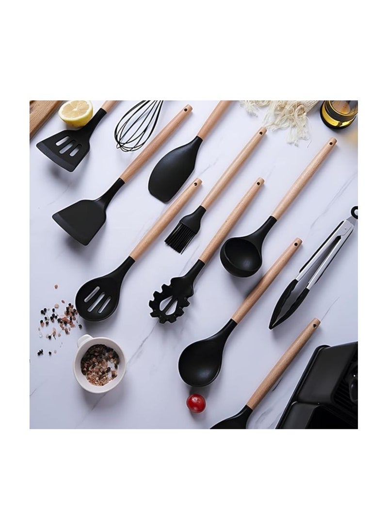طقم سكاكين و توزيع مطبخ سيليكون بيد خشب مقاوم للحرارة مانع الالتصاق مكون من 18قطعة مع بلانشة اللون اسود - Image 3